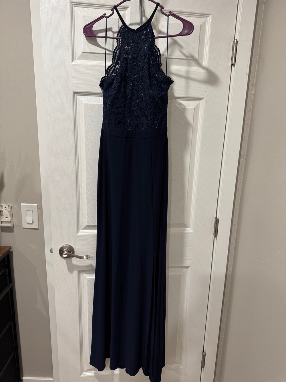 Morgan & Co. Navy Halter Beaded Maxi Dress